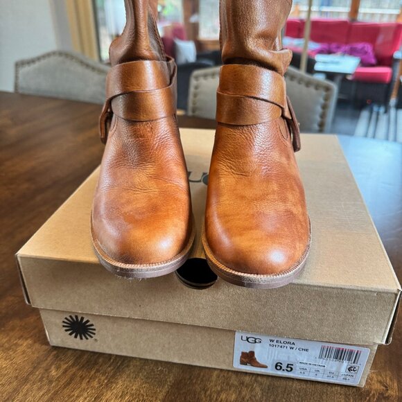 NEW UGG Elora Leather Ankle Boots (Size 6.5) Boho Biker Heeled Chestnut - Picture 4 of 7